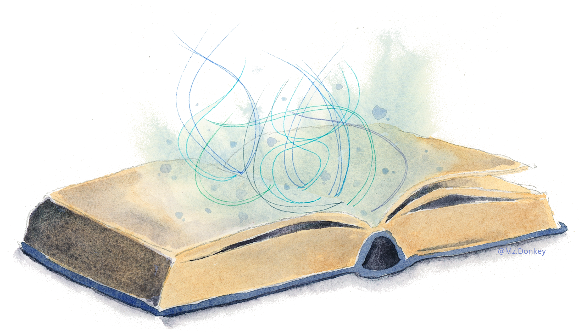 watercolor painting of a book with blue magic sparkles rising from it.